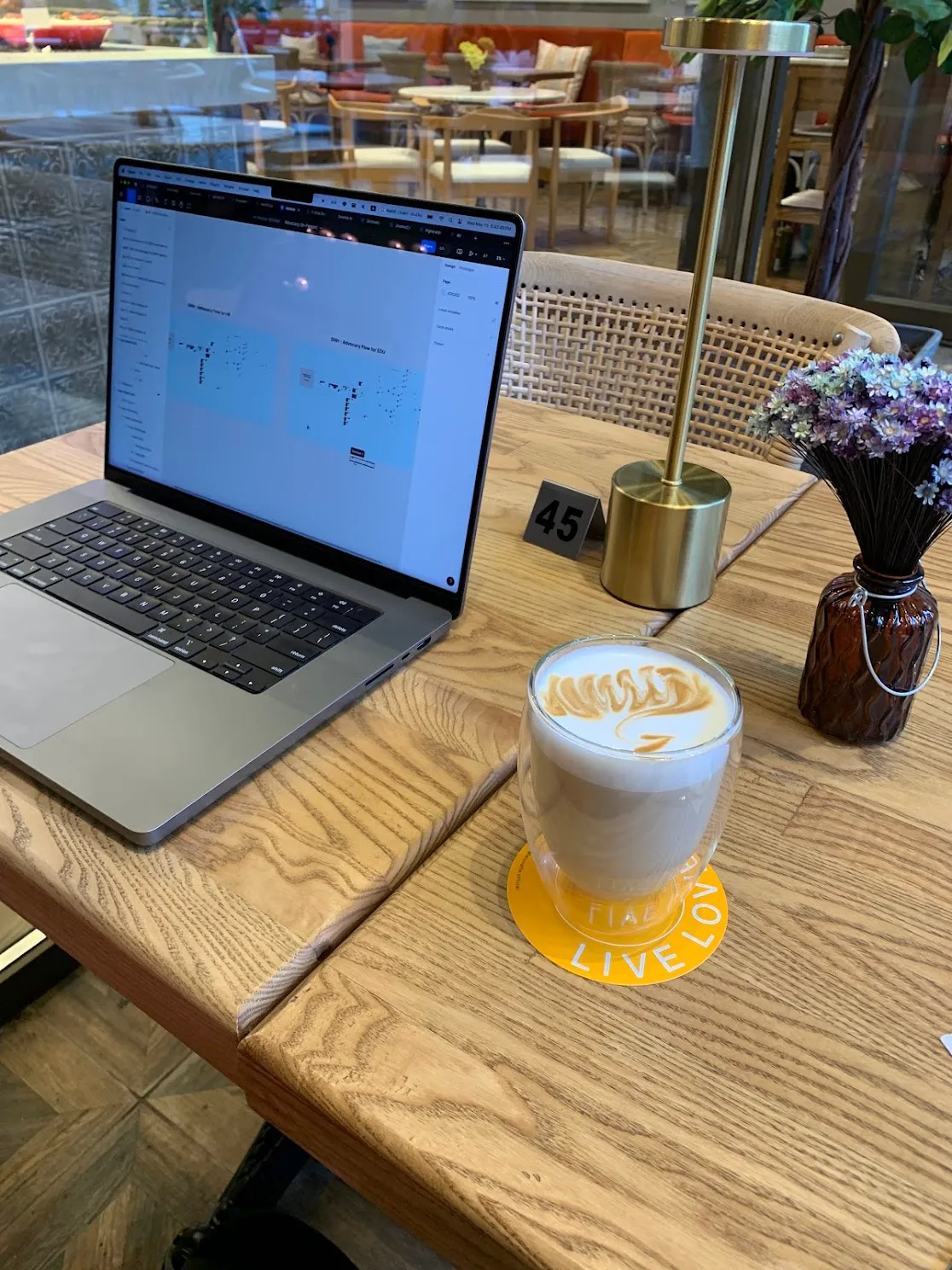 MacBook Pro at cafe with latte, remote working