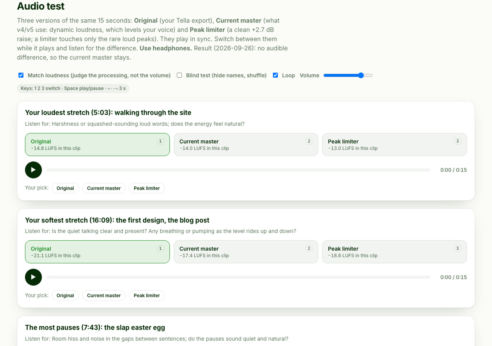 The audio test section of a review page. Stretches of the video, each with three versions to switch between: Original, Current master and Peak limiter, with their loudness listed. A Match loudness checkbox is ticked.