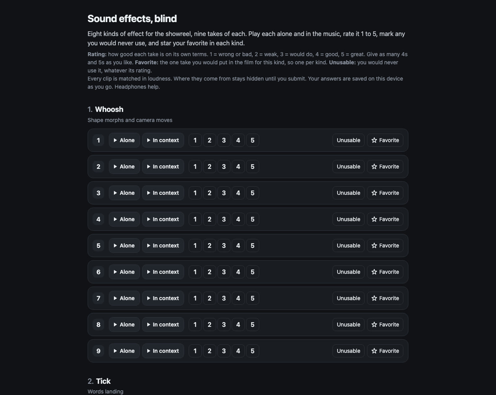 A dark page titled Sound effects, blind. Under the heading Whoosh there are nine numbered rows. Each row has an Alone button, an In context button, ratings from 1 to 5, and Unusable and Favorite buttons. No row says where the sound came from.