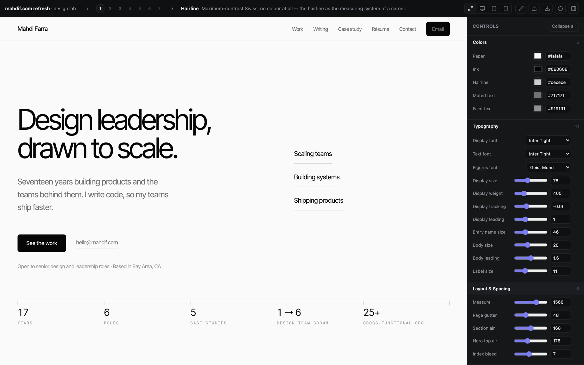 The design lab showing a minimal homepage mockup on the left and a dark controls panel on the right, with groups for colors, typography and layout. Each control is a color swatch, a font menu or a slider with a number.