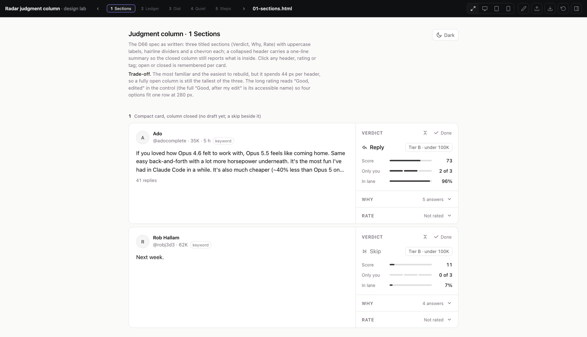 A design lab titled Radar judgment column, with five tabs for variants named Sections, Ledger, Dial, Quiet and Steps. The page shows a post card with a verdict column on the right.
