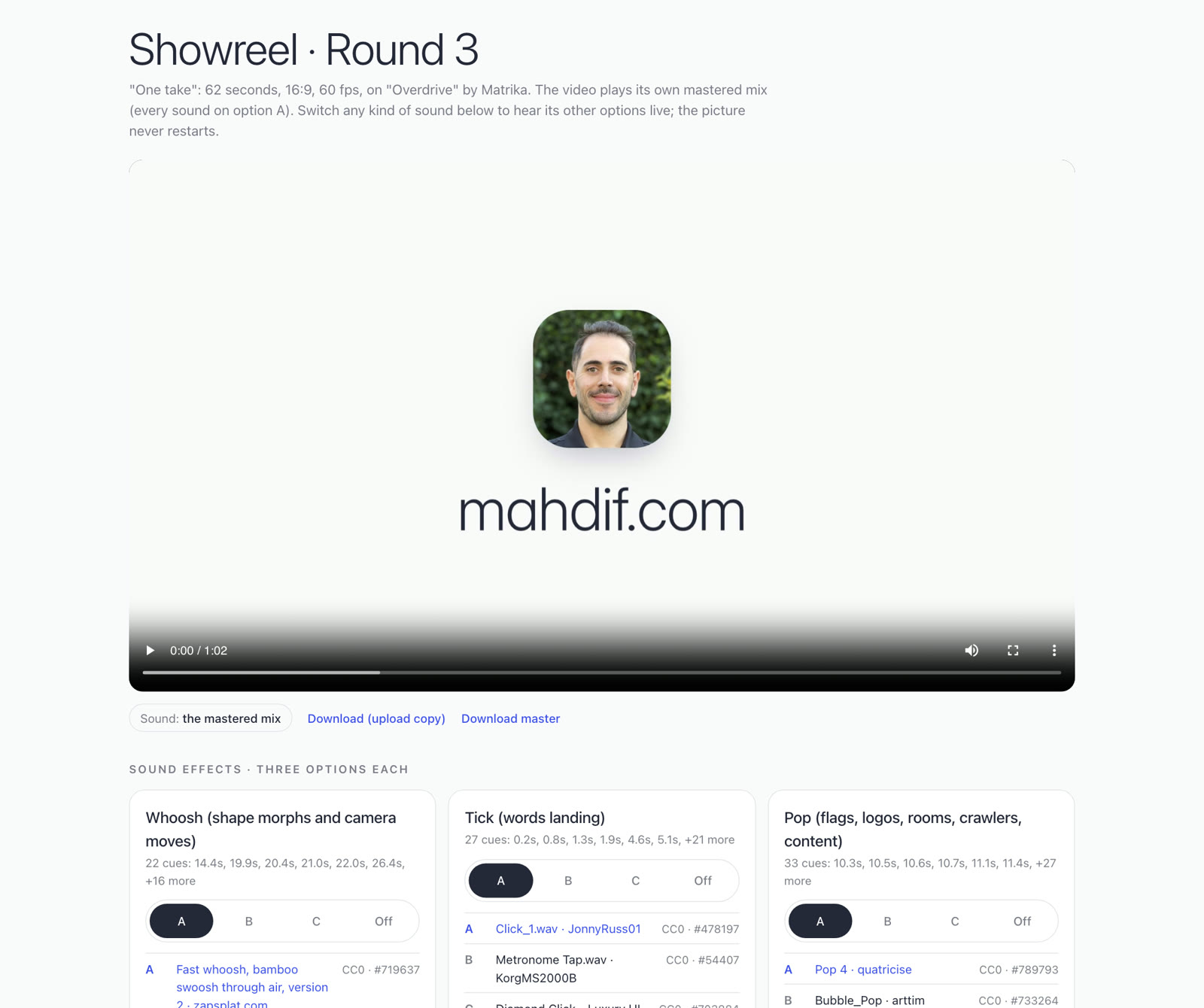 A review page titled Showreel, Round 3. A video player sits above a grid of cards, one per kind of sound effect: whoosh, tick, pop, impact, riser and UI tap. Each card has a switch with A, B, C and Off, and lists the three candidate sounds.
