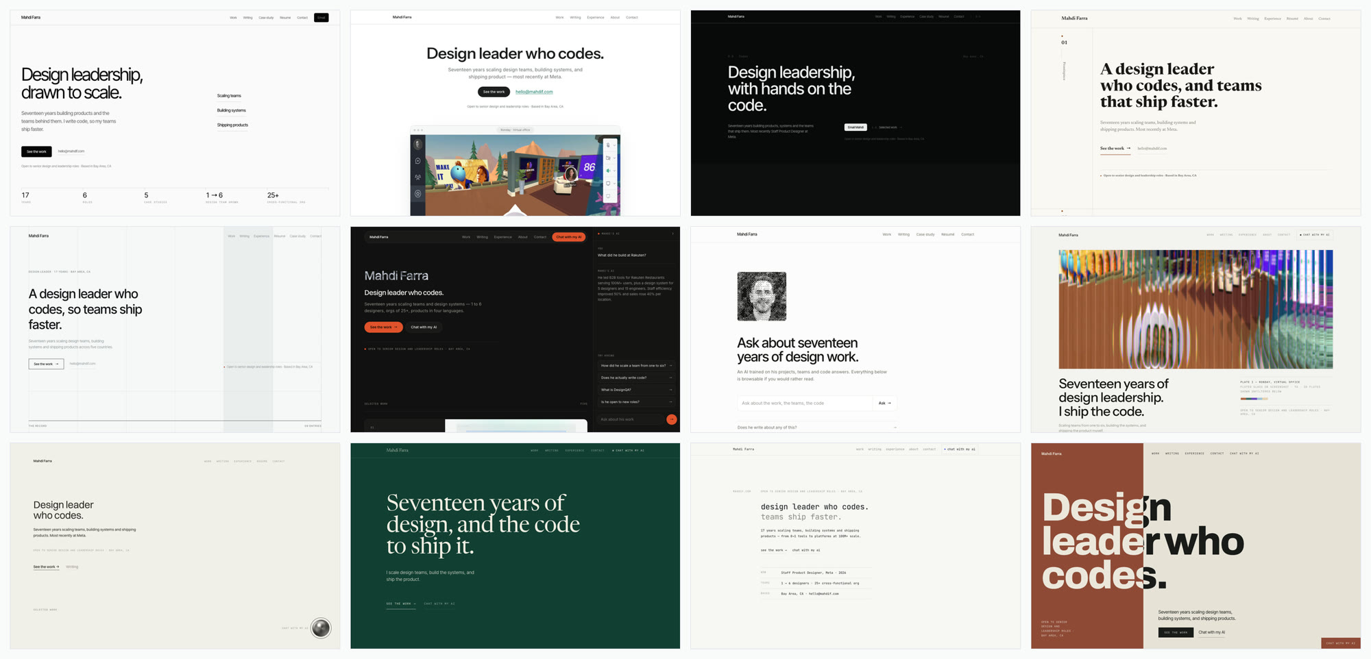 A grid of twelve homepage mockups for mahdif.com in a four by three layout, ranging from white with thin rules to black, serif on cream, dark green, and a rust and cream split.