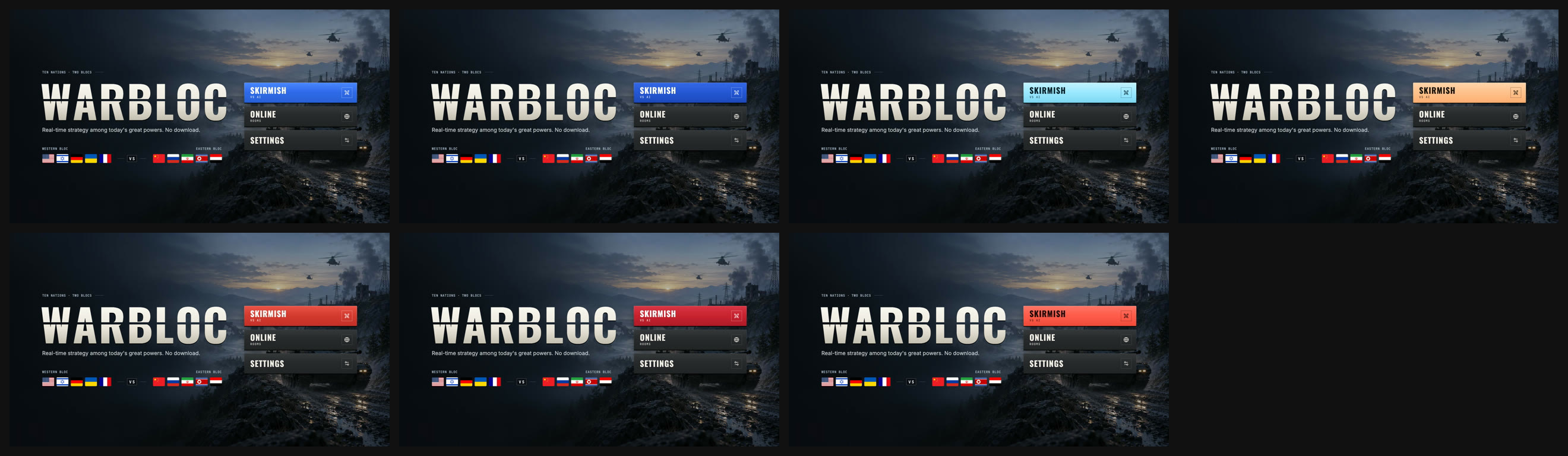 Seven copies of the Warbloc main menu, identical except for the color of the Skirmish button: two blues, a light blue, a peach, and three reds.