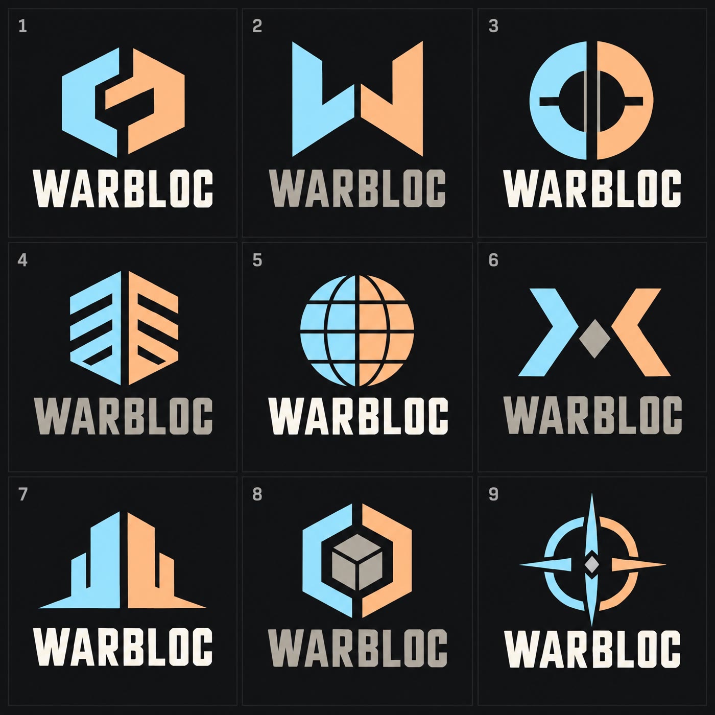 A sheet of nine numbered logo concepts for Warbloc in a three by three grid, each a geometric mark in light blue and peach above the WARBLOC wordmark.