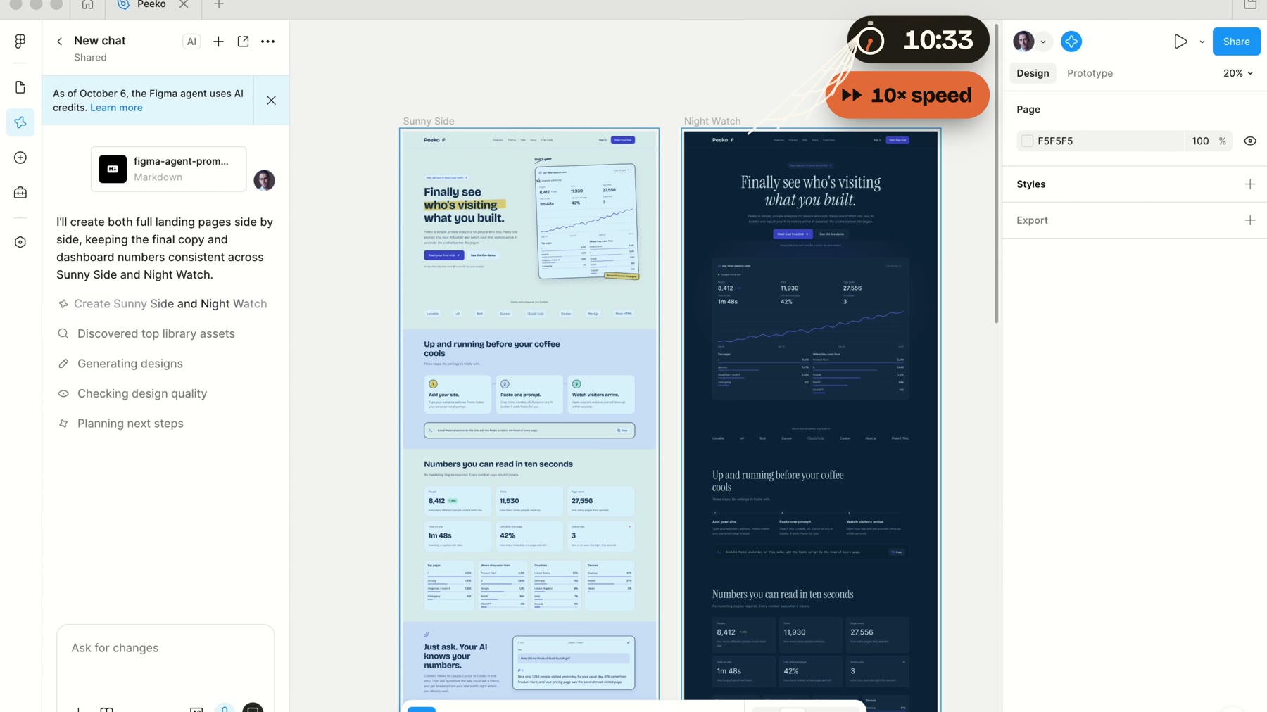 The Figma Agent building the Sunny Side and Night Watch pages side by side in Figma, at 10:33 on the clock
