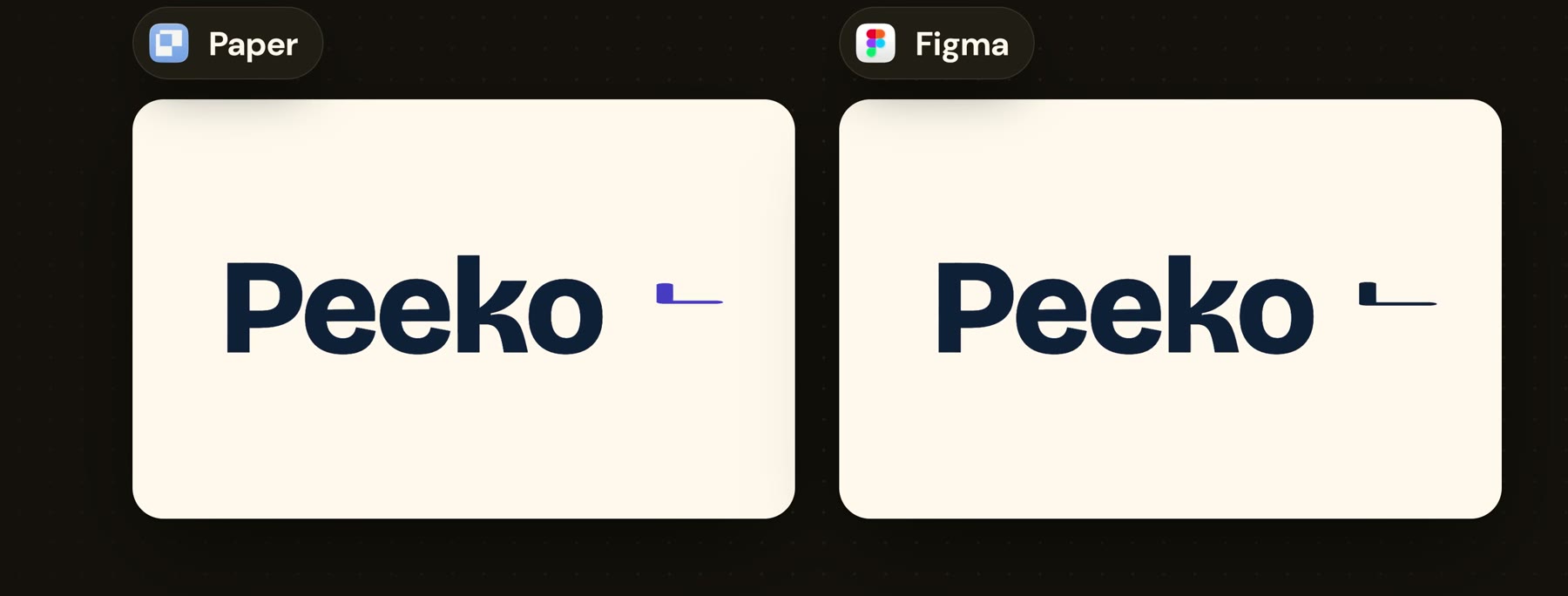 Paper and Figma both rendered the Peeko wordmark with the same inverted L shape instead of the real logo