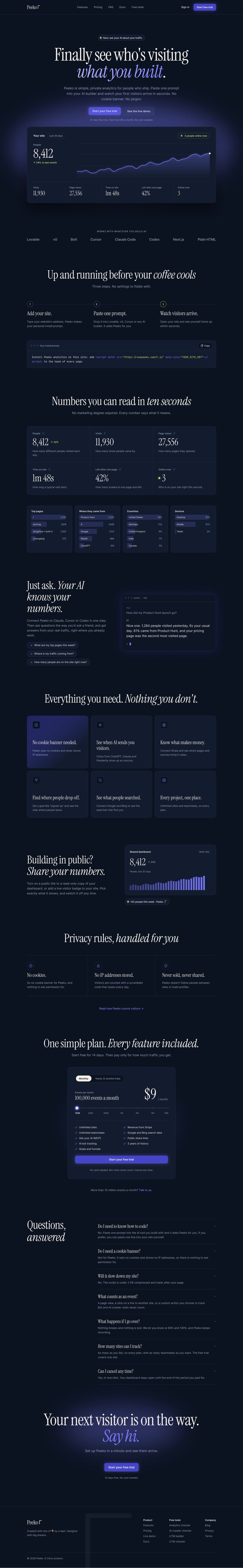 The full Night Watch dark landing page the Figma MCP agent designed for Peeko, with a strong glow behind the hero