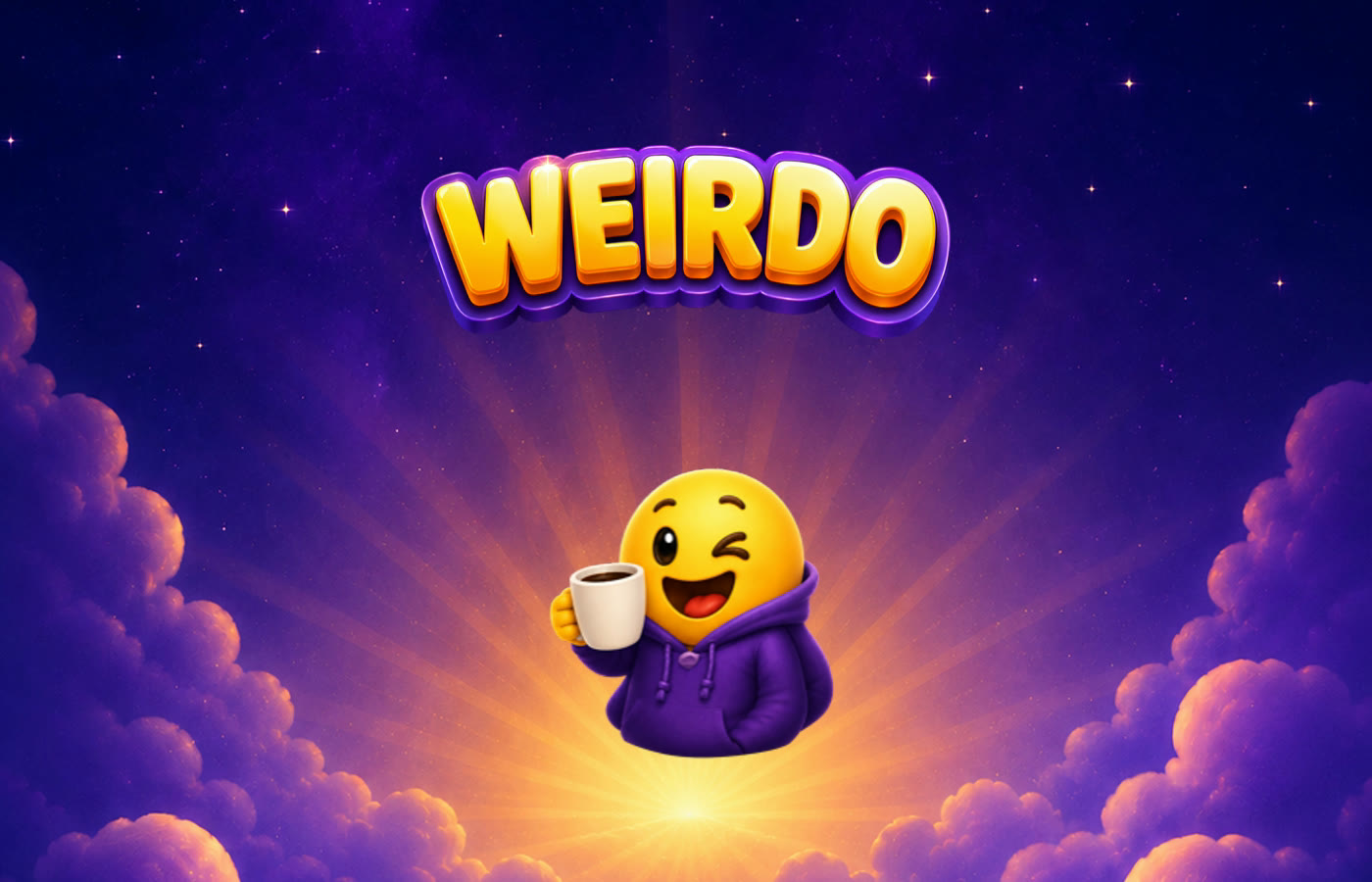 The WEIRDO wordmark in yellow and purple beside the winking emoji mascot in a purple hoodie holding a coffee, on the game's purple sunrise sky.