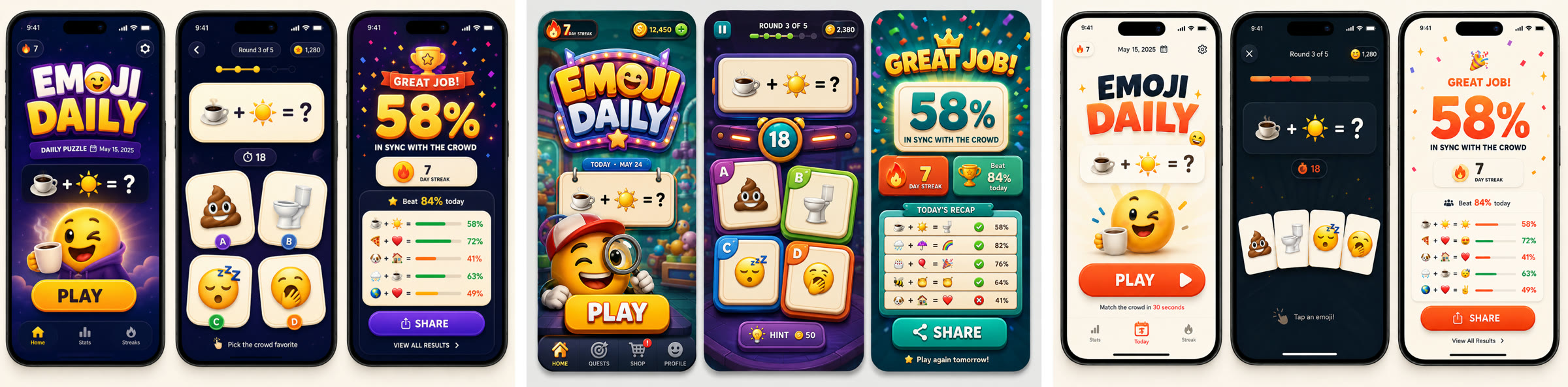 Three generated app directions, each shown as three phone screens. Left: a cosmic purple theme with a winking emoji mascot holding coffee. Middle: an arcade cabinet theme with a marquee logo and toy-store background. Right: a clean light theme with orange type on cream.