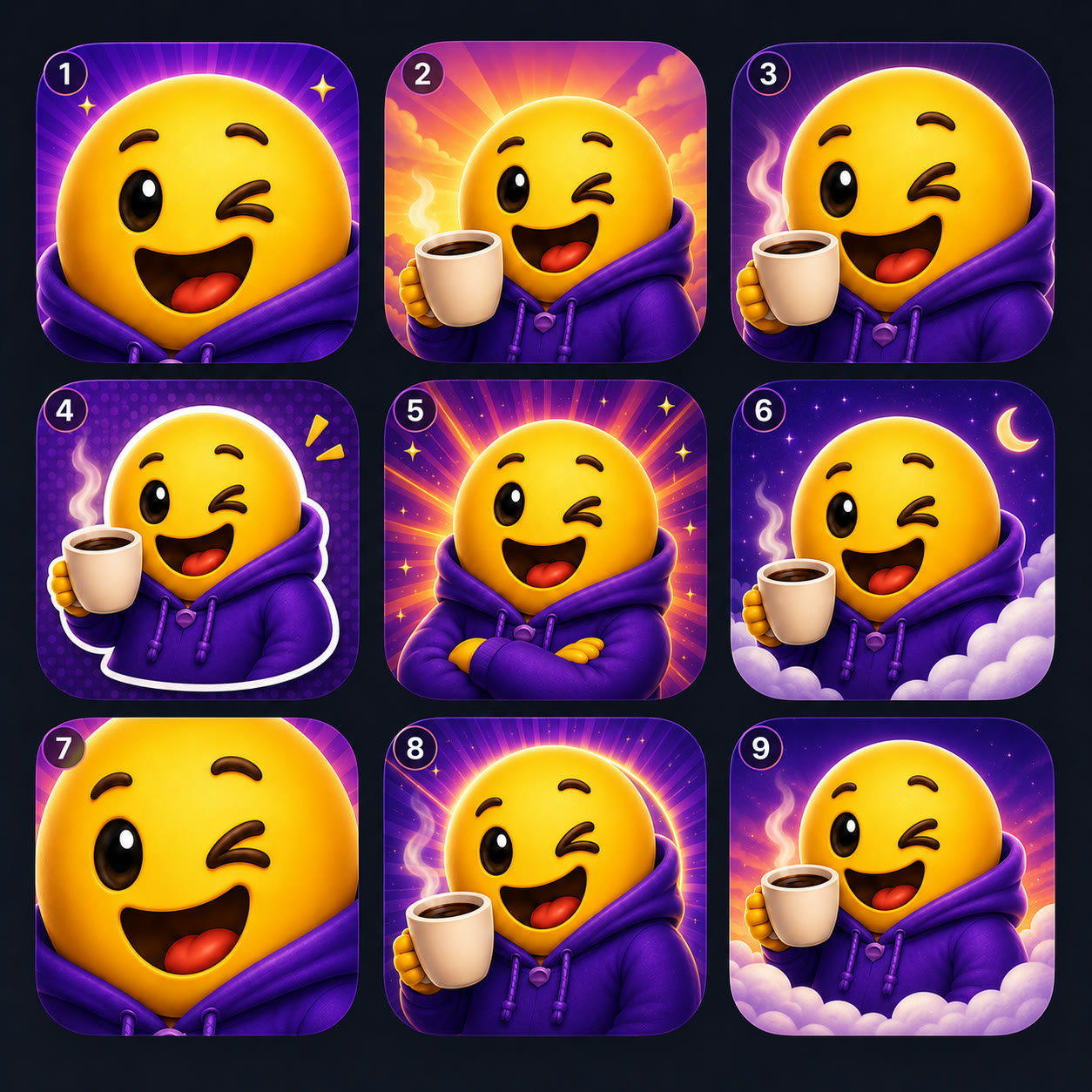 A three by three grid of nine app icon candidates, all variations on the winking emoji in a purple hoodie holding a coffee cup, against purple, sunrise and starry night backgrounds.