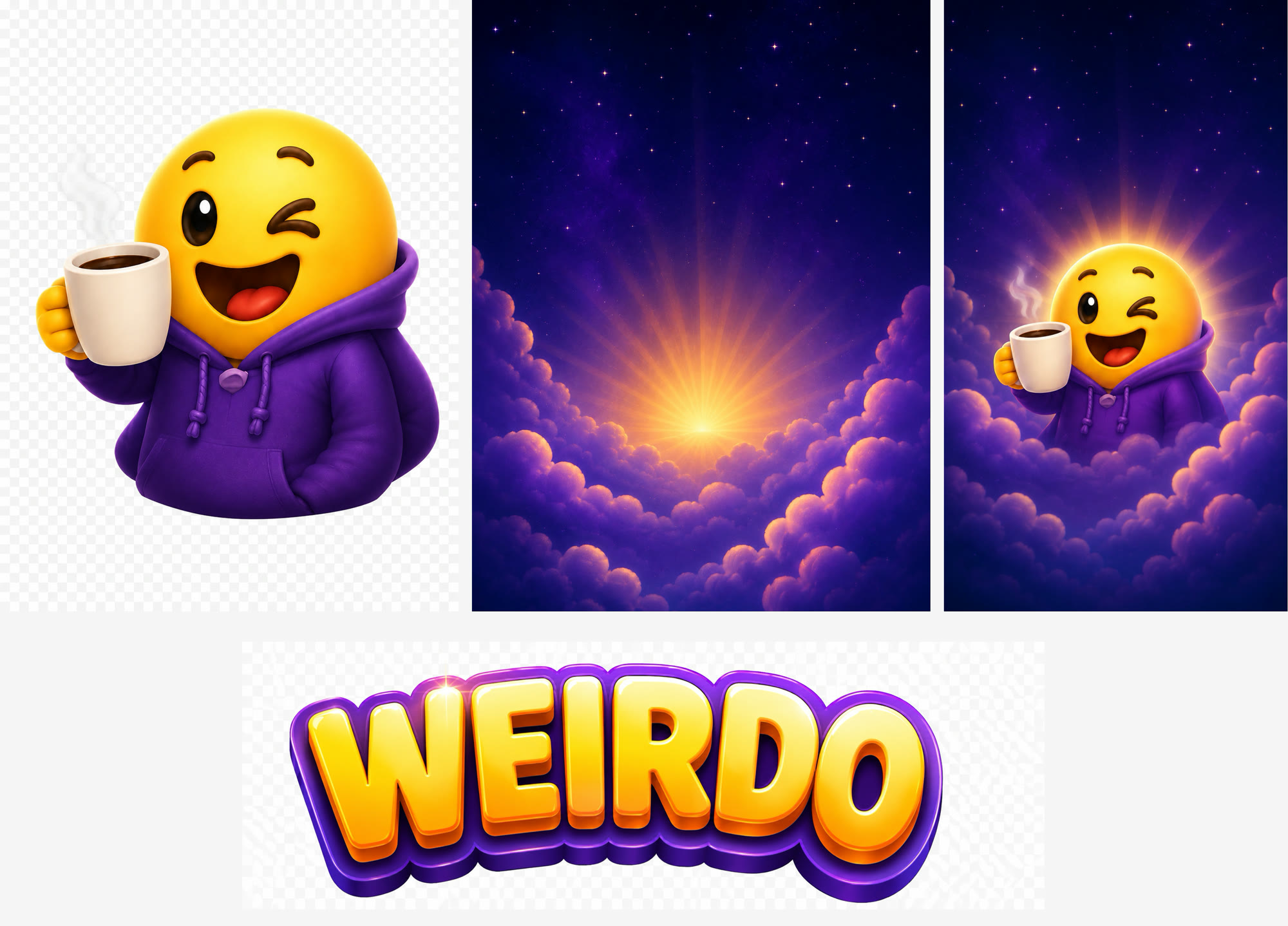 Four generated assets on a light background: the winking emoji mascot in a purple hoodie holding coffee, cut out with no background; a purple night sky with a golden sunburst over clouds; the mascot composited into that sky; and the WEIRDO wordmark in yellow and purple with no background.