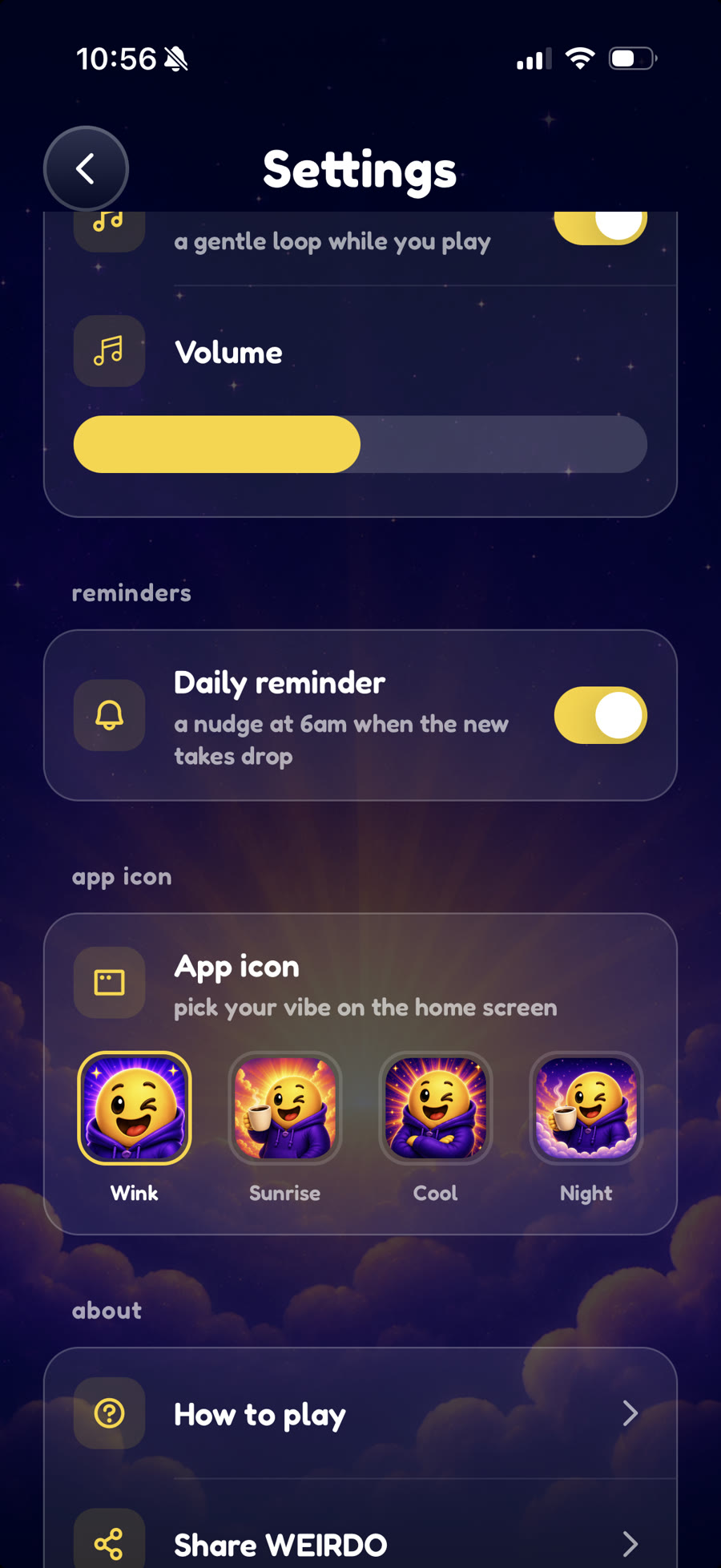 The game's settings screen on a purple background, showing an app icon section with four selectable icons labelled Wink, Sunrise, Cool and Night, with Wink currently selected.