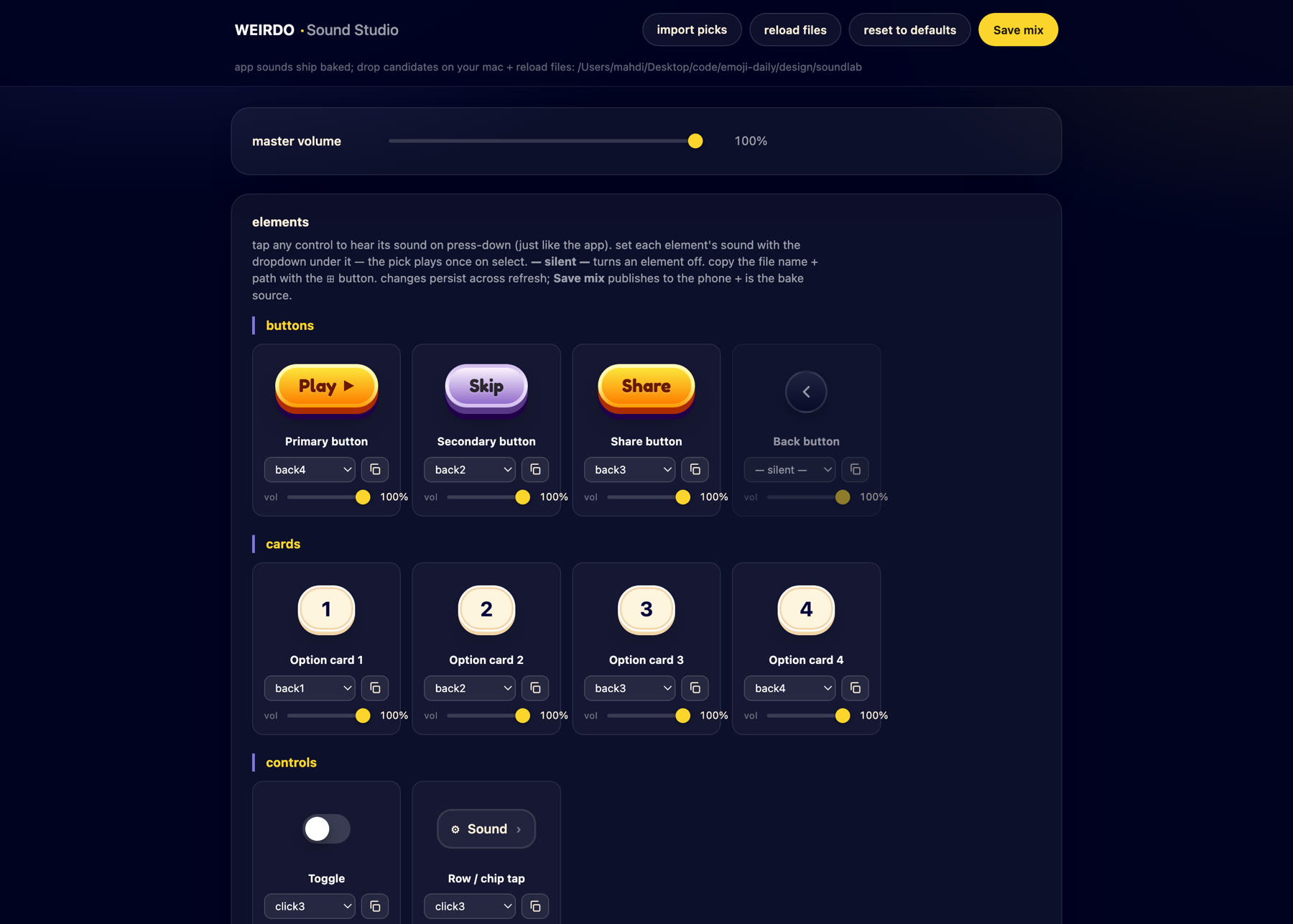The WEIRDO Sound Studio: a dark dashboard in the game's palette showing the real Play, Skip, Share and Back buttons and the four numbered option cards, each with a sound dropdown and a volume slider underneath.