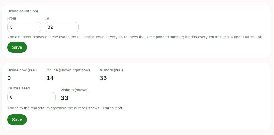 The online count floor control in the ass.auction admin, set to add between 5 and 32, beside live figures reading online now real zero and online shown right now fourteen.