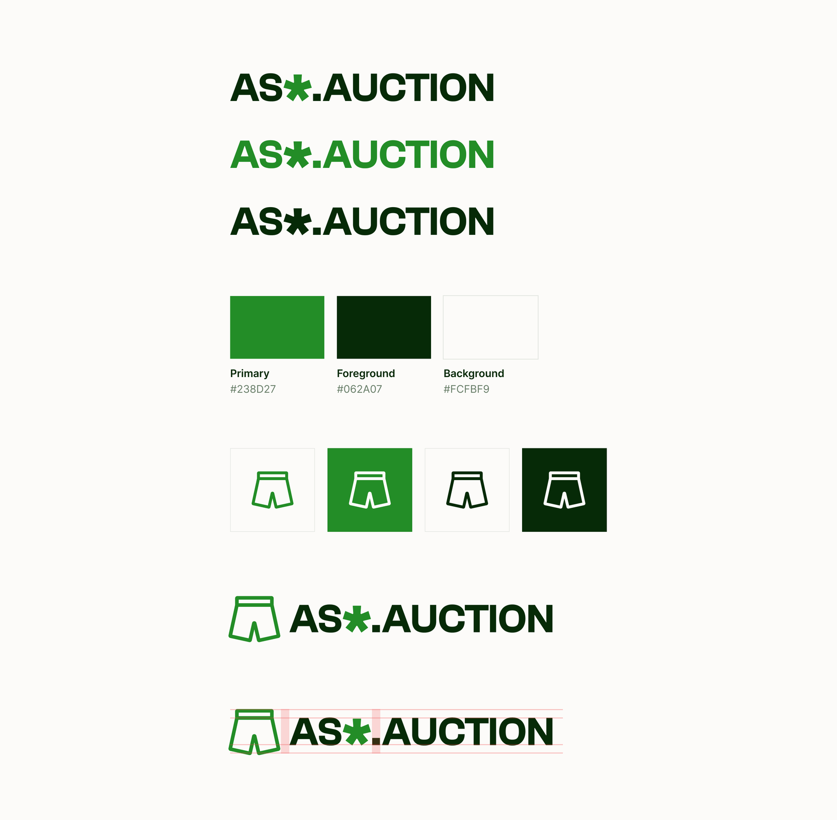 The ass.auction brand sheet: wordmark variants, the green, ink and cream palette with hex values, the boxers symbol in four treatments, and the logo lockup with its clearspace.