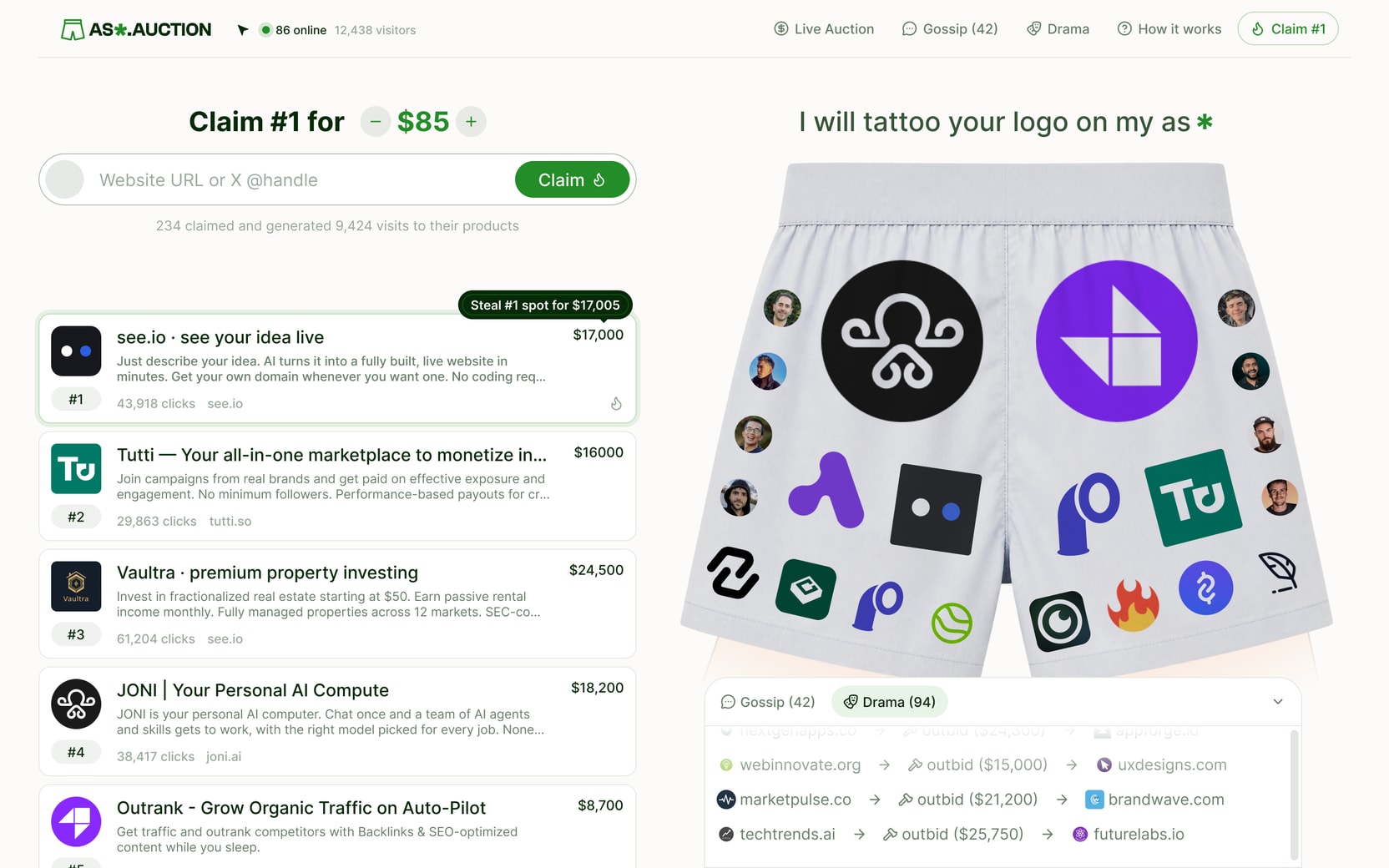 The Figma redesign of ass.auction: the landing frame, with the boxers, the leaderboard and the bottom bar.