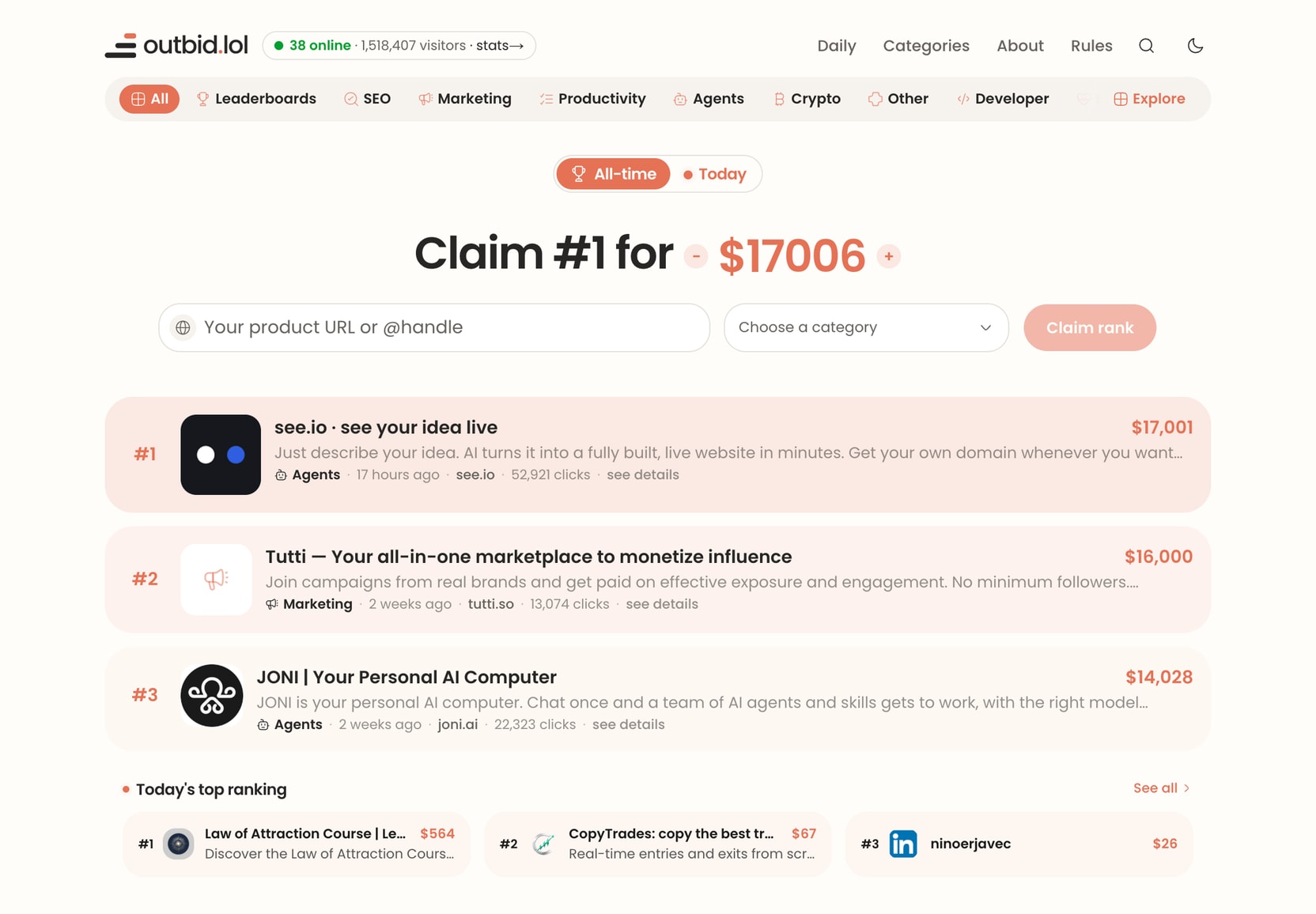 The outbid.lol homepage, a single leaderboard of paid entries ranked by amount.