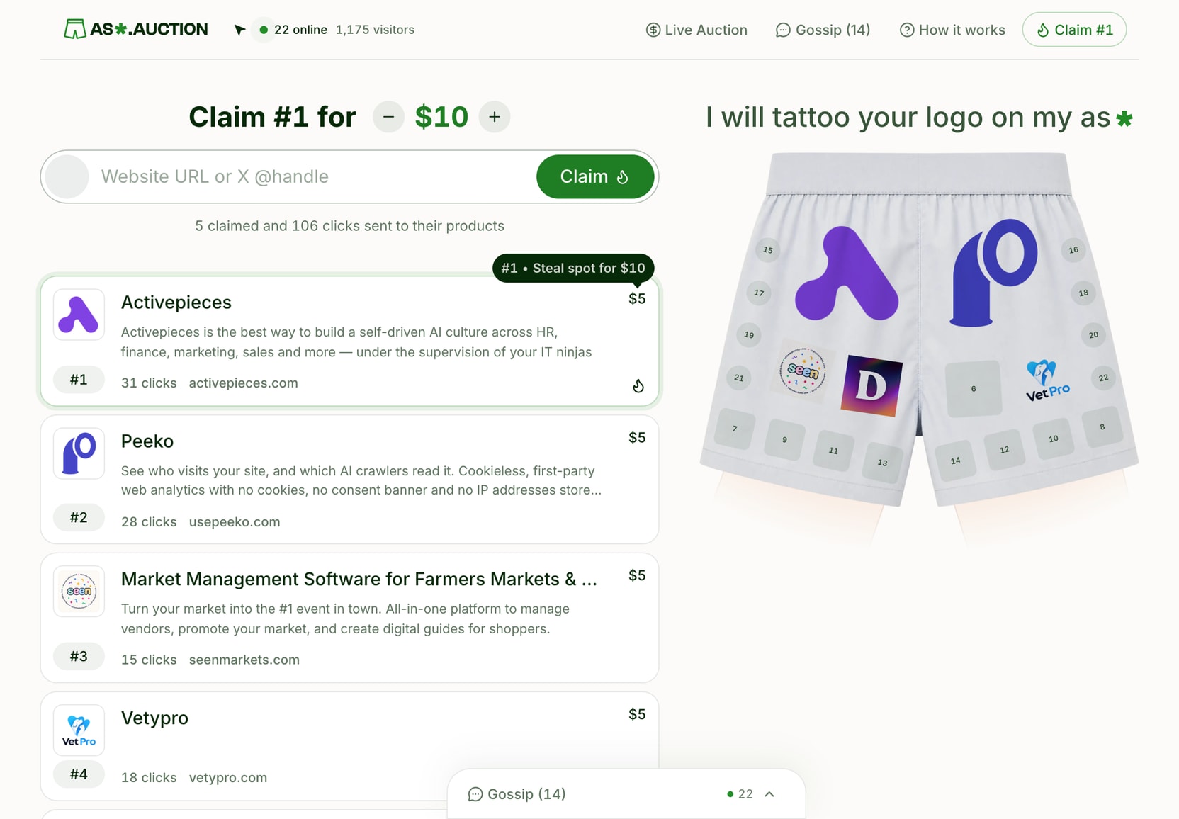The ass.auction homepage: the tattoo line above a photo of boxers carrying paid logos, with the leaderboard below.