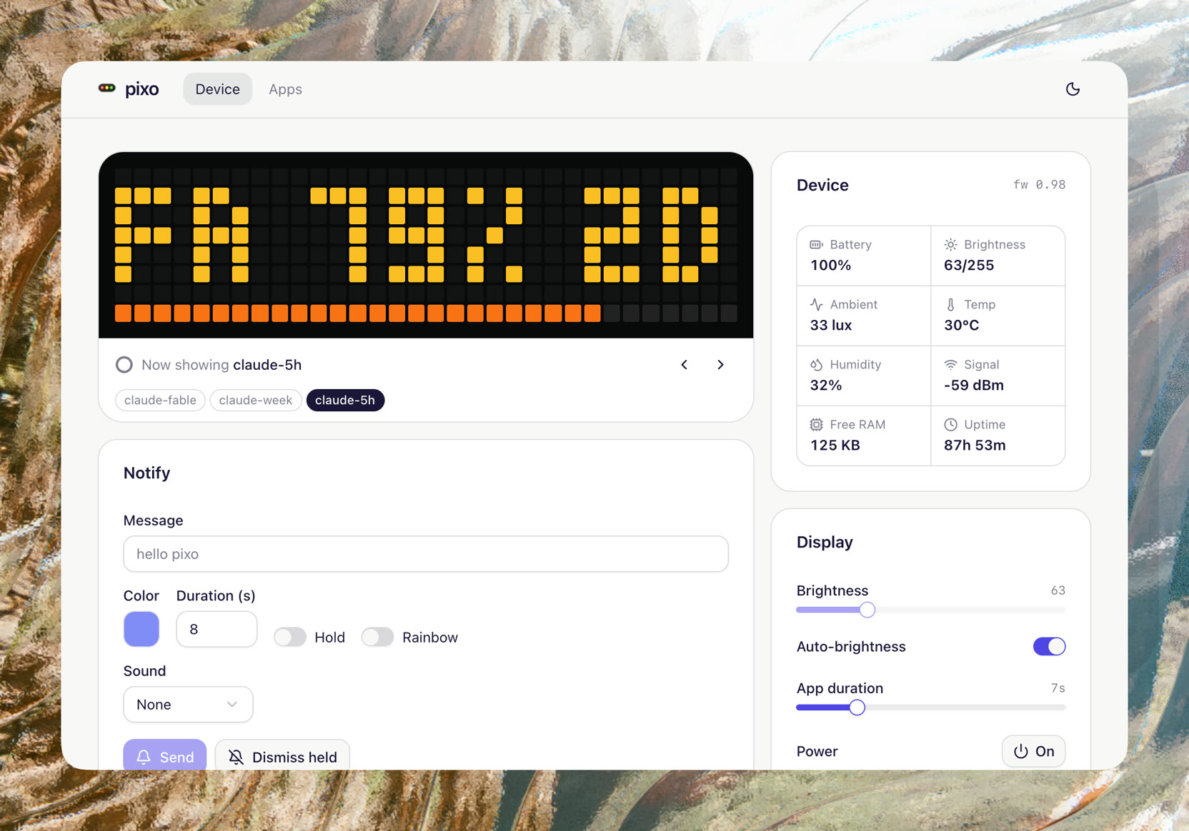 The private dashboard on its Device tab: a live mirror of the 32 by 8 screen reading FA 79% 2D, a row of app chips for claude-fable, claude-week and claude-5h, device readouts for battery, brightness, ambient light, temperature, humidity, signal, free RAM and uptime, plus a Notify composer and display controls.
