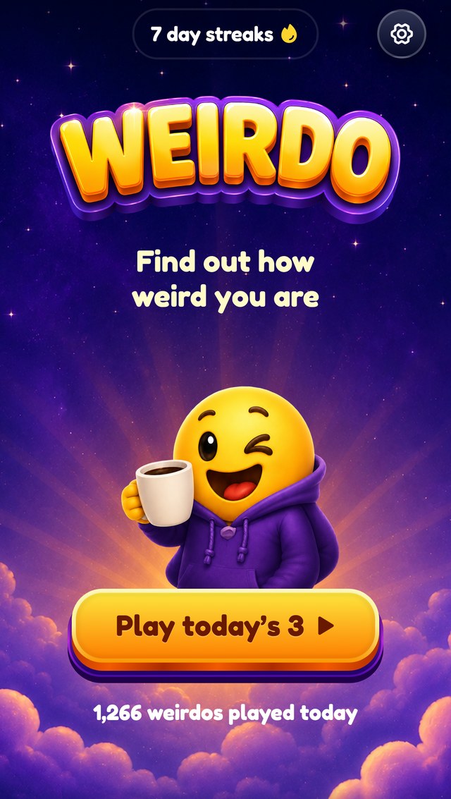 The home screen of a mobile game in Mode B: a dark purple cosmic background, a thick rounded display logo, a winking emoji mascot in a hoodie, and a fat three-dimensional play button.