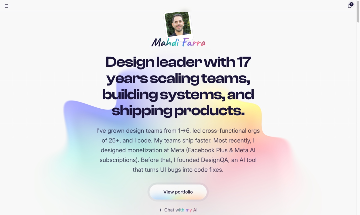 A personal site homepage in Mode C: a quiet light reading base with a soft gradient bloom behind the headline and a handwritten gradient wordmark.