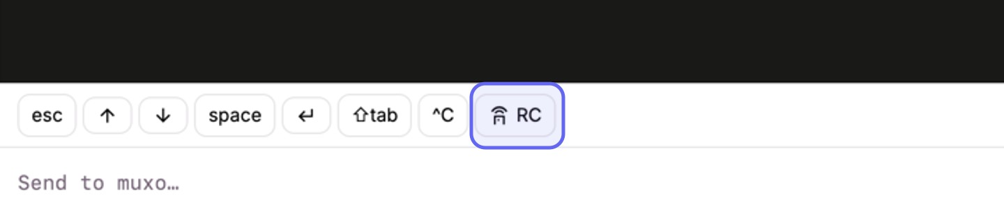 A close crop of the bottom of a muxo session mirror. A row of key chips reads esc, arrows, space, enter, shift tab, control C, and last a chip labelled RC with a remote control icon, highlighted with a violet ring. Below it sits the send box.