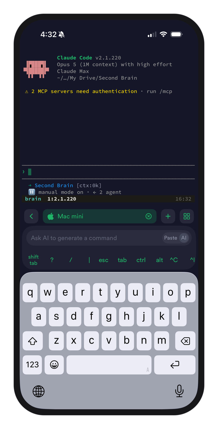 A phone in a minimal dark frame running Termius, connected to the Mac mini over SSH. The tmux session named brain is attached, showing Claude Code idle at its prompt inside the Second Brain directory, with Termius's host chip reading Mac mini and its terminal key bar and keyboard below.