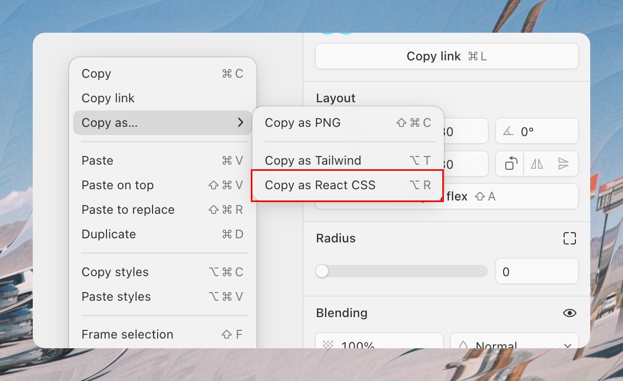 Paper's right-click menu showing the Copy as React CSS option