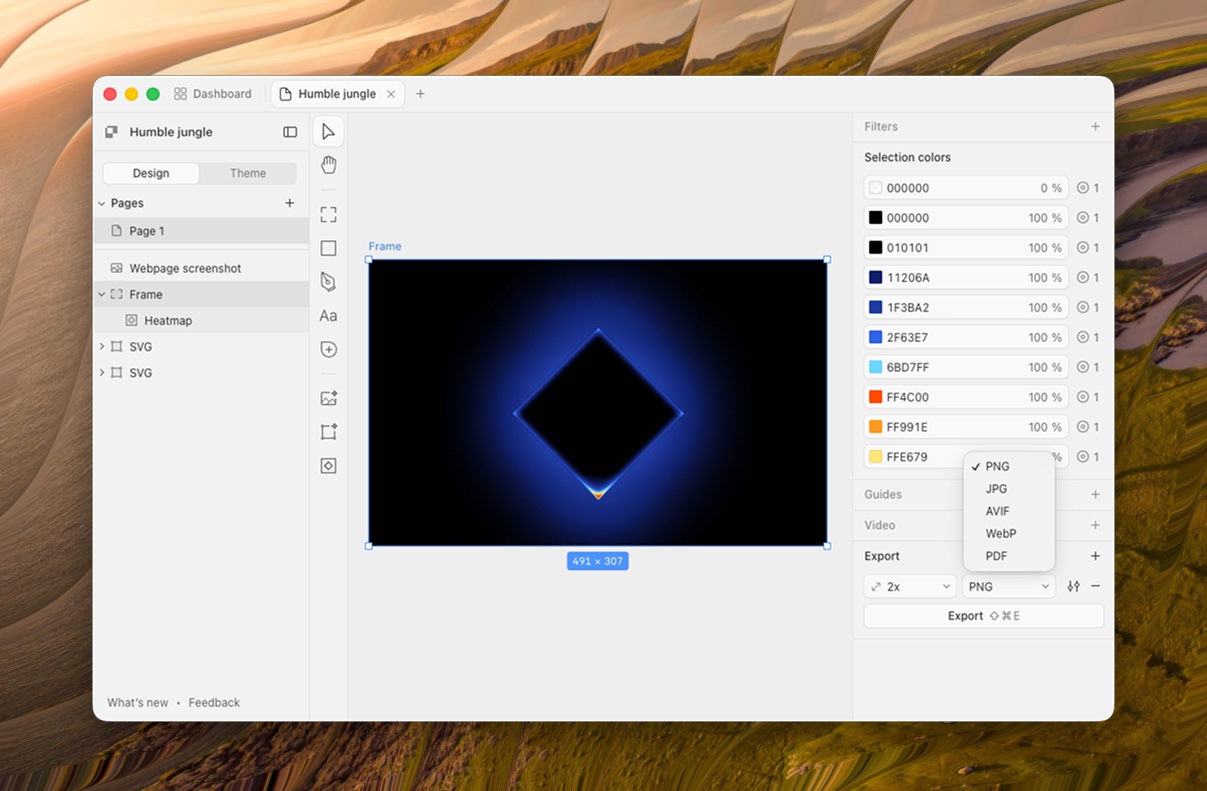 Paper's export panel with the format dropdown open, showing PNG, JPG, AVIF, WebP and PDF