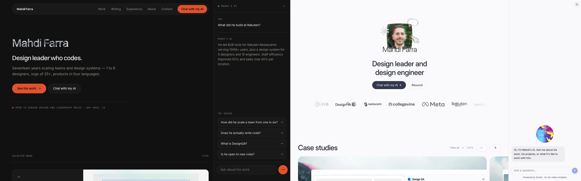 Two pages side by side. Left: the Companion mockup, near-black with orange buttons and a permanent chat panel on the right. Right: the live site on a light ground with the chat panel docked on the right, its small gradient orb above a greeting.