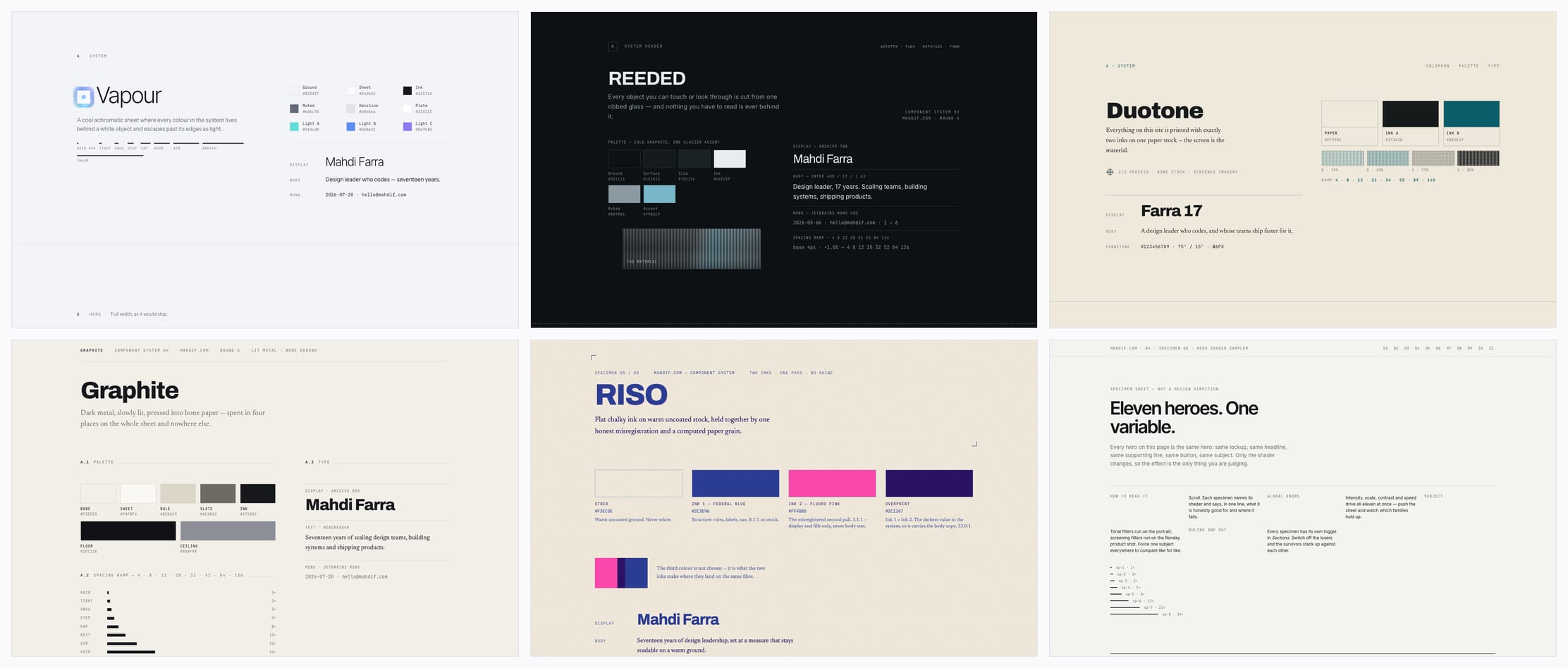 Six component specimen sheets in a grid: Vapour, a cool light sheet; Reeded, dark ribbed glass; Duotone, two inks on paper; Graphite, dark metal on bone paper; Riso, blue and pink ink on warm stock; and a hero shader sampler.