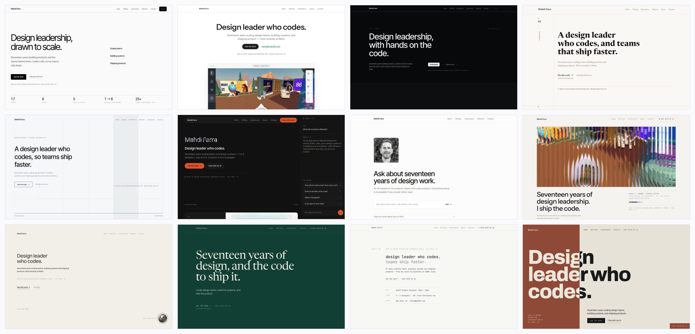 A grid of twelve full-page website mockups. The first seven are round one: Hairline, Gallery, Ledger, Atelier, Rule, Companion on a near-black ground with an orange accent and a chat panel on the right, and Ask. The last five are round three: Aperture, Orb, Pigment on dark green, Terminal in monospace, and Planes with a rust red block.