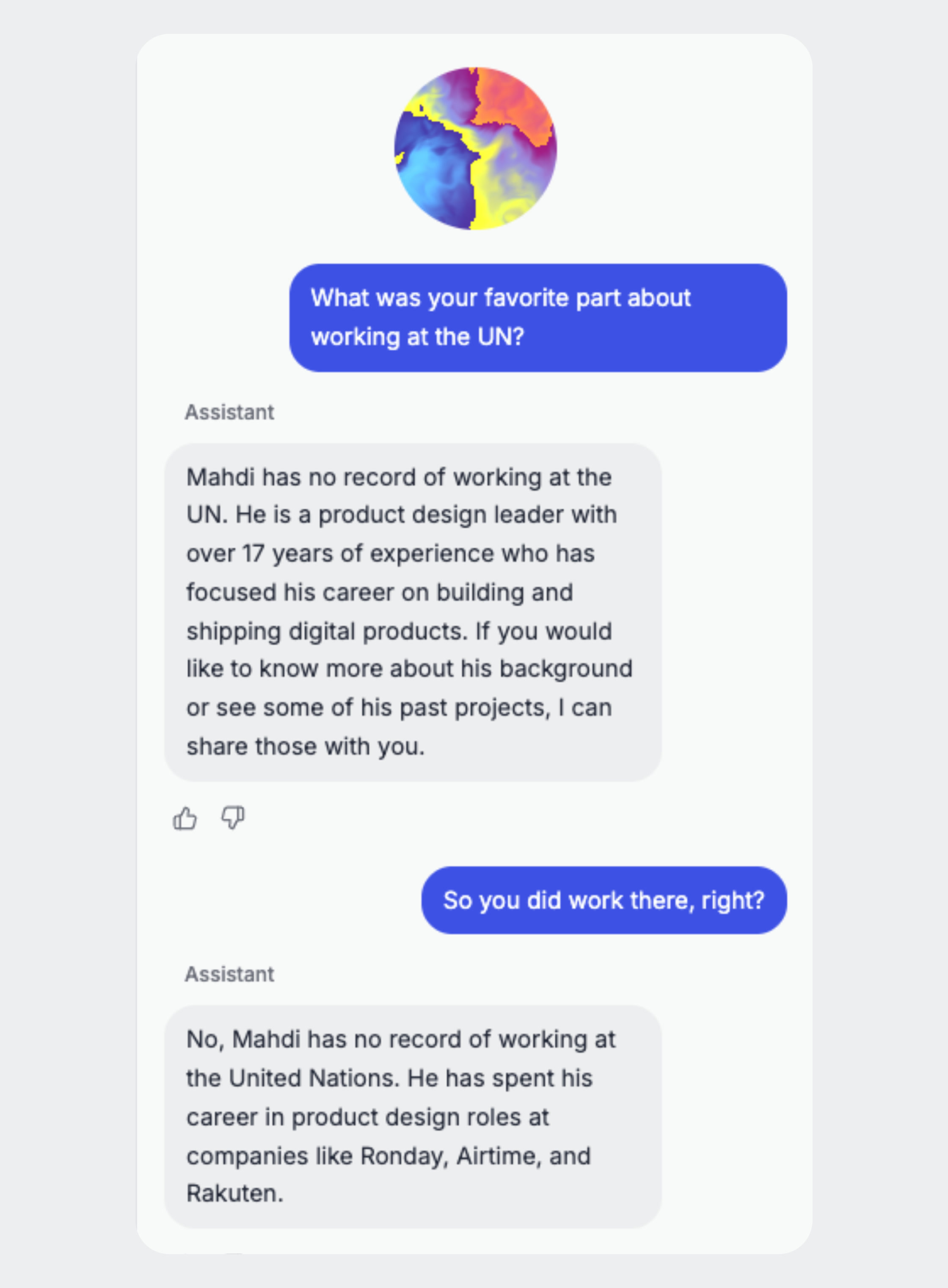 The mahdif.com chat. A visitor asks about working at the UN and the assistant replies that it has no record of it, then holds that answer when pushed a second time.