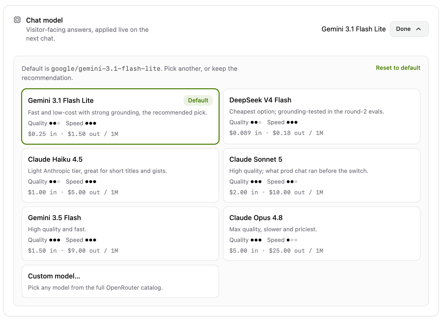 The Sondo chat model picker. Six model cards show live prices per million tokens. Gemini 3.1 Flash Lite is selected and carries a Default badge, with Claude Opus 4.8 at twenty times the output price two cards away.