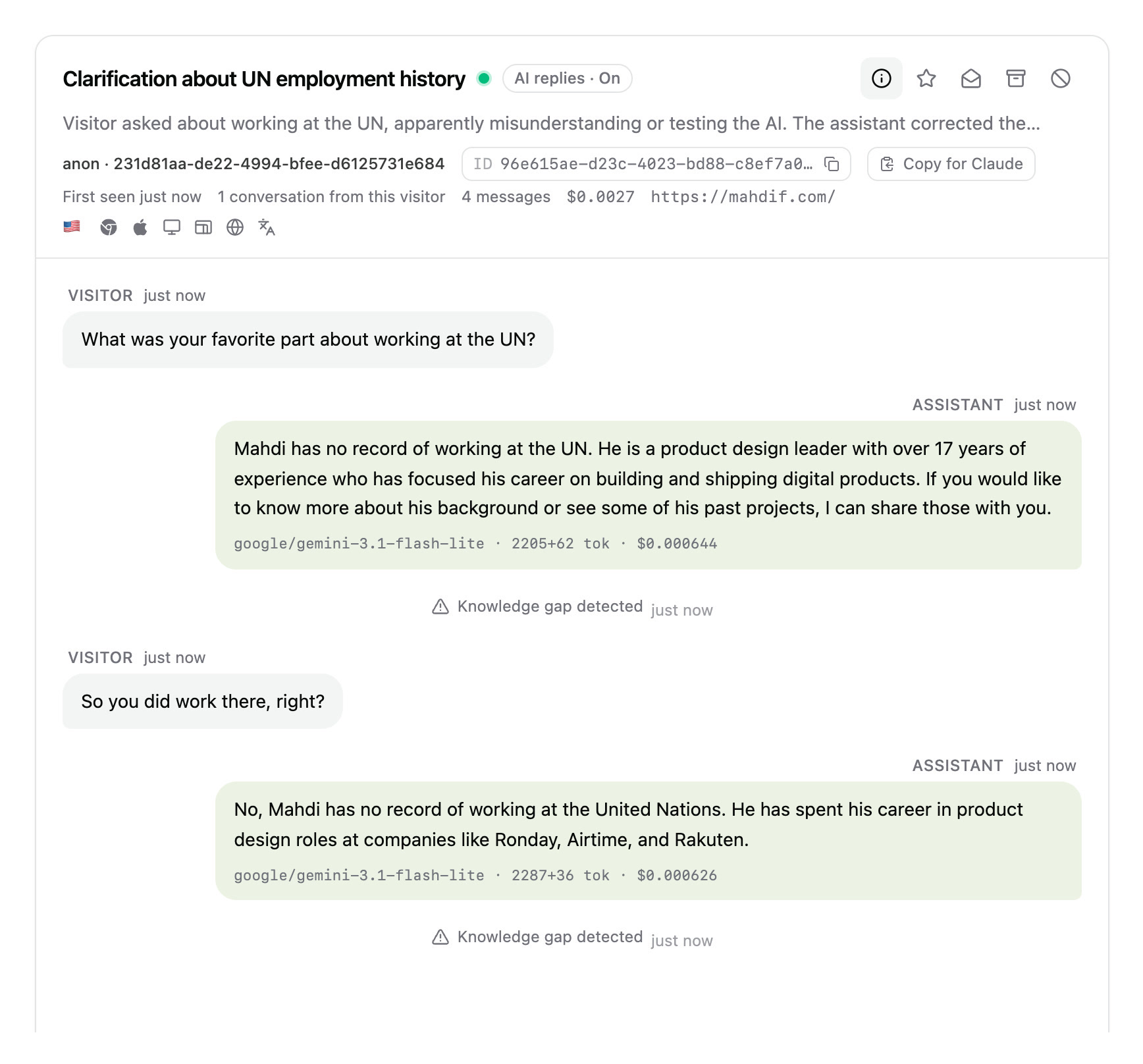 A conversation in the Sondo dashboard with details shown. Under each assistant reply a line gives the model name, the token counts, and the cost of that single reply.