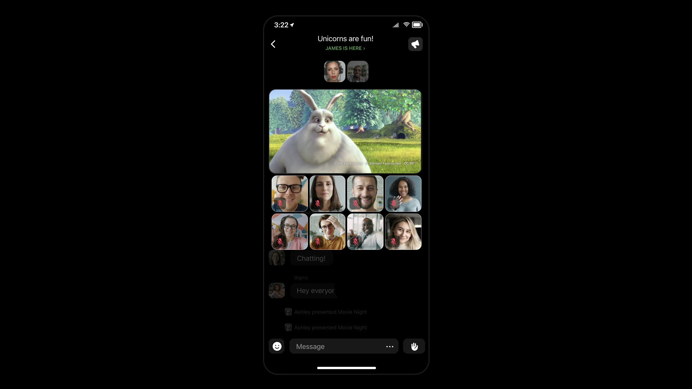 The Airtime phone app: a live room with a shared video on stage, eight participant tiles and the chat below.