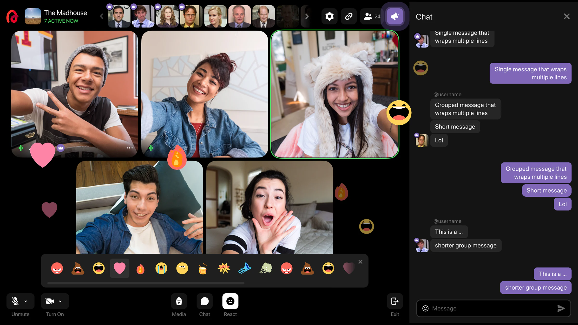 The finished Airtime web app: a presence bar, a five-tile stage with an active-speaker ring, a floating reaction tray and docked chat.