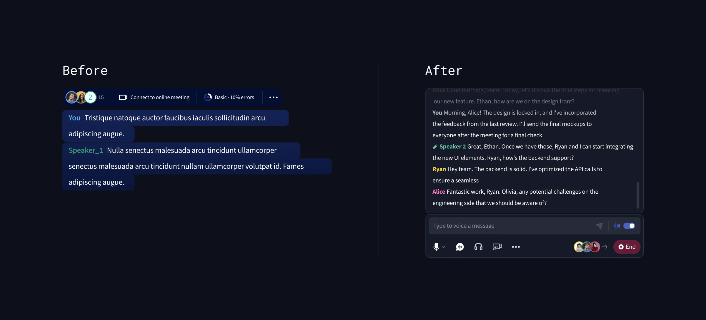 Before: the old captions, dark blue bubbles under a toolbar. After: the new panel, a transcript above a message box and a row of call controls.