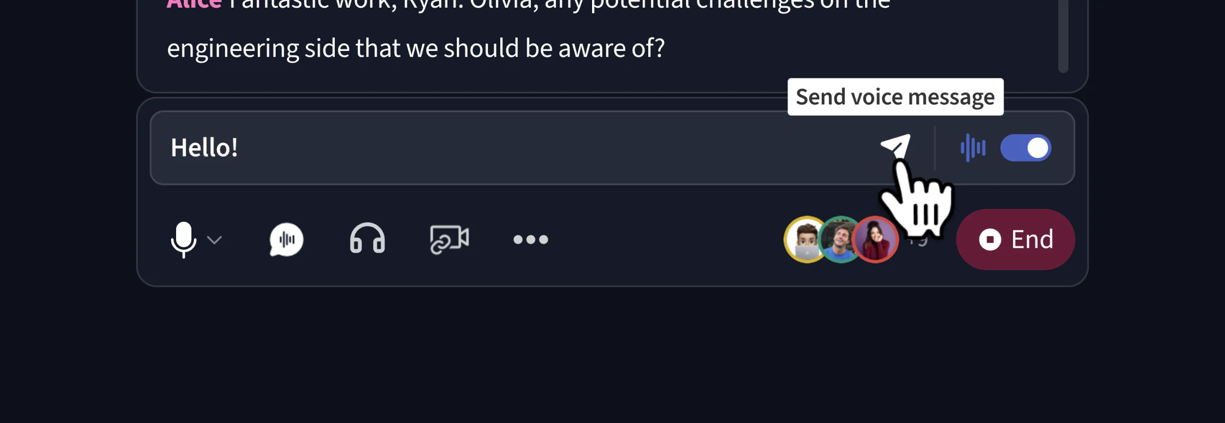 “Hello!” typed in the message box, with a “Send voice message” tooltip over the send button.