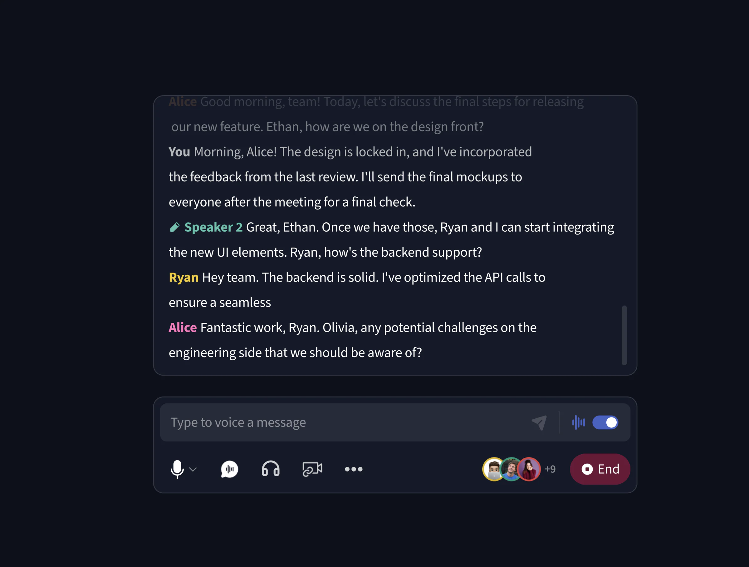The redesigned Ava panel: a live transcript with color-coded speakers, a “Type to voice a message” box, and the microphone, chat, headphones and End controls.