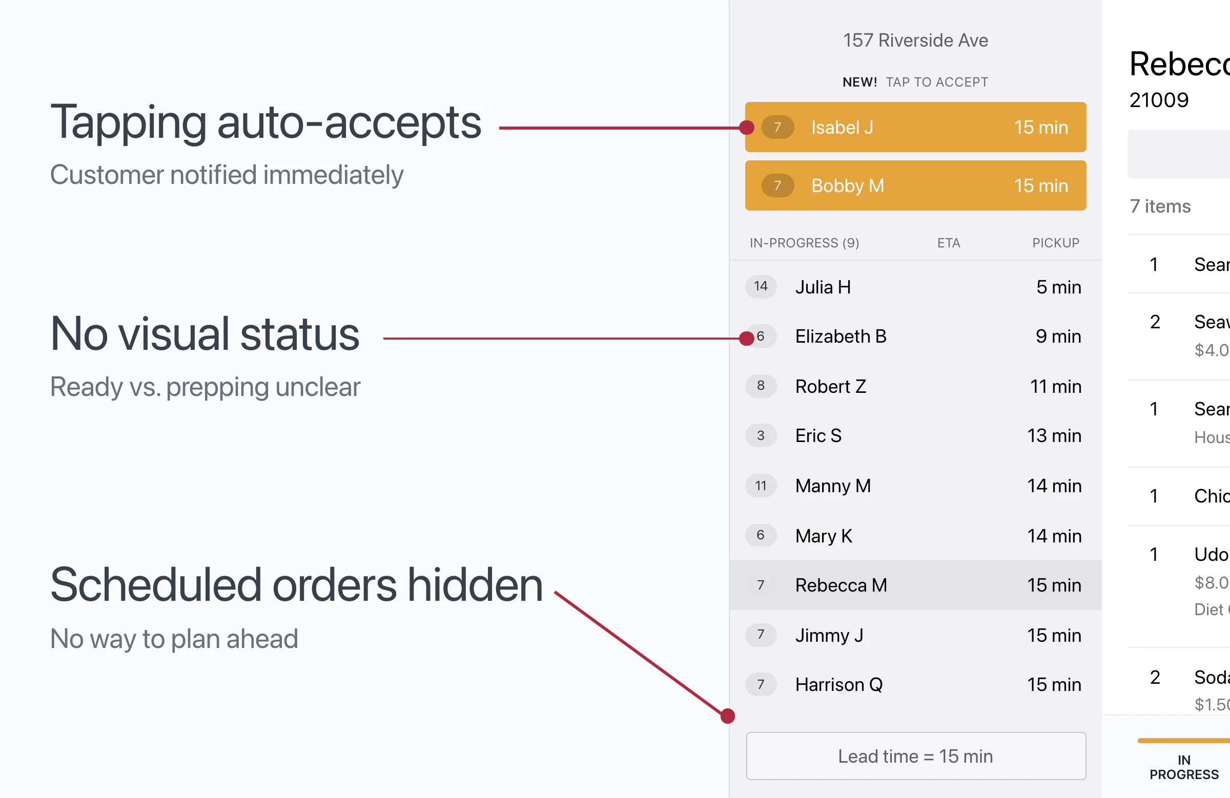 The old orders list, where tapping an order accepted it and nothing showed its status.