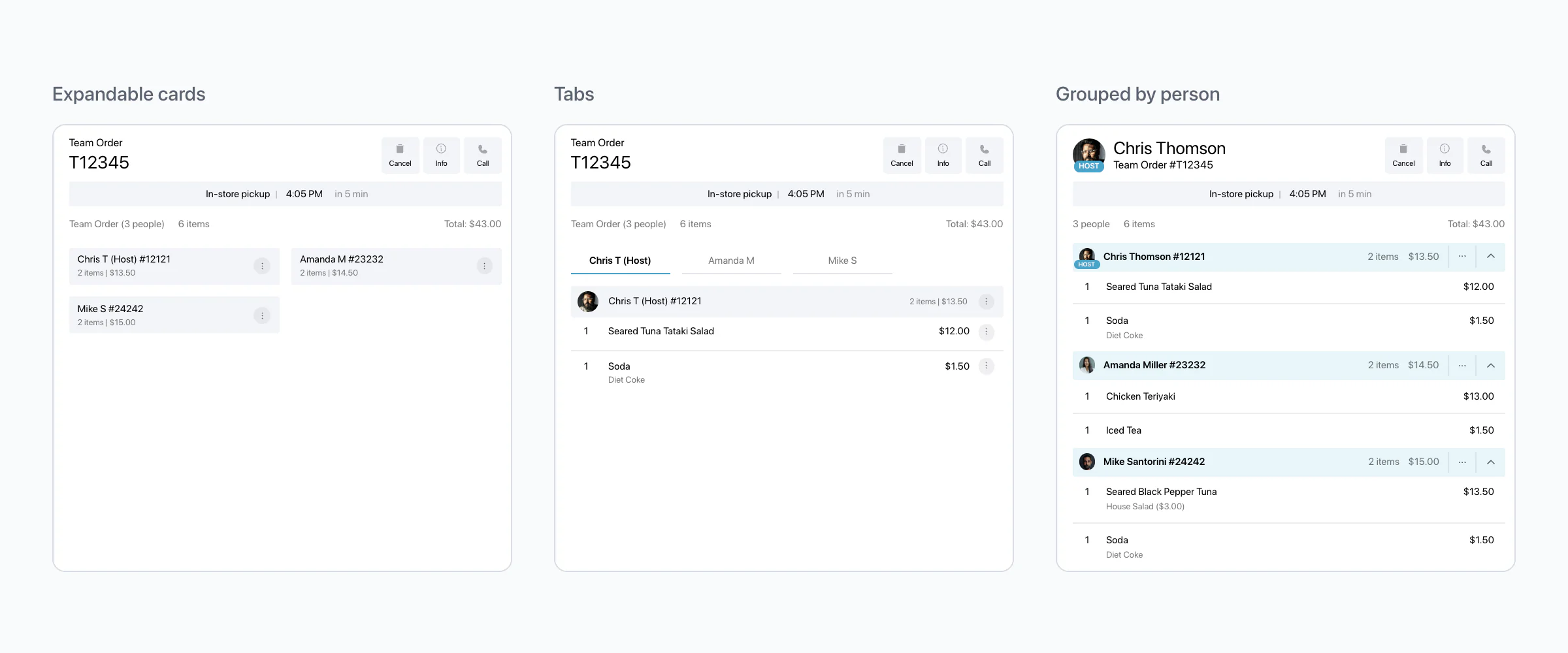 Three group-order designs: each person as a collapsed card, names as tabs, and every item in one view grouped by person.