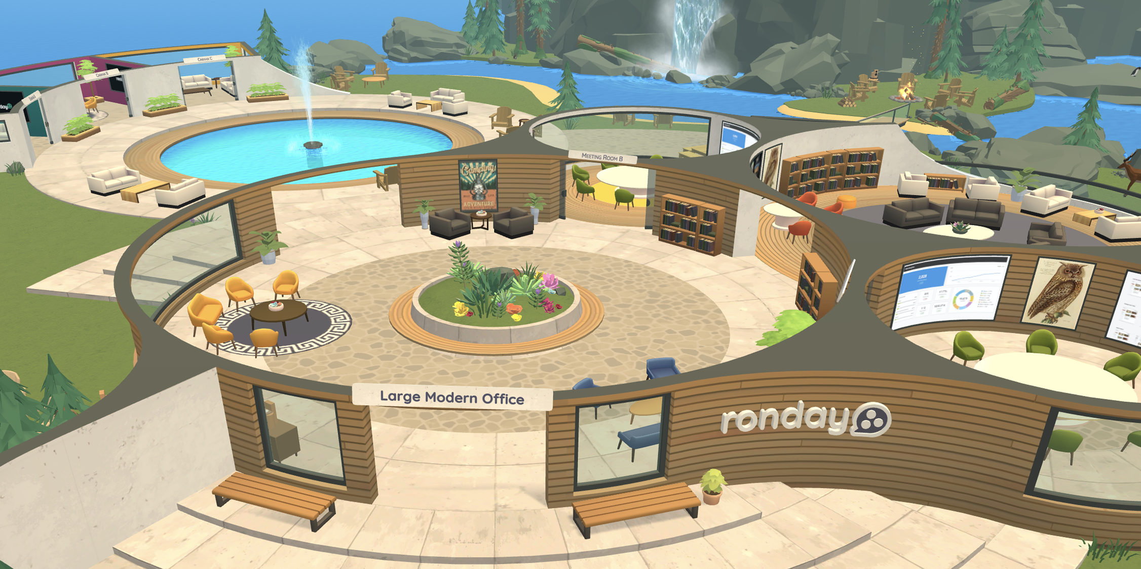 An aerial view of a Ronday reception area: a fountain, seating, screens and a Ronday sign, with walkways leading off to neighboring areas.