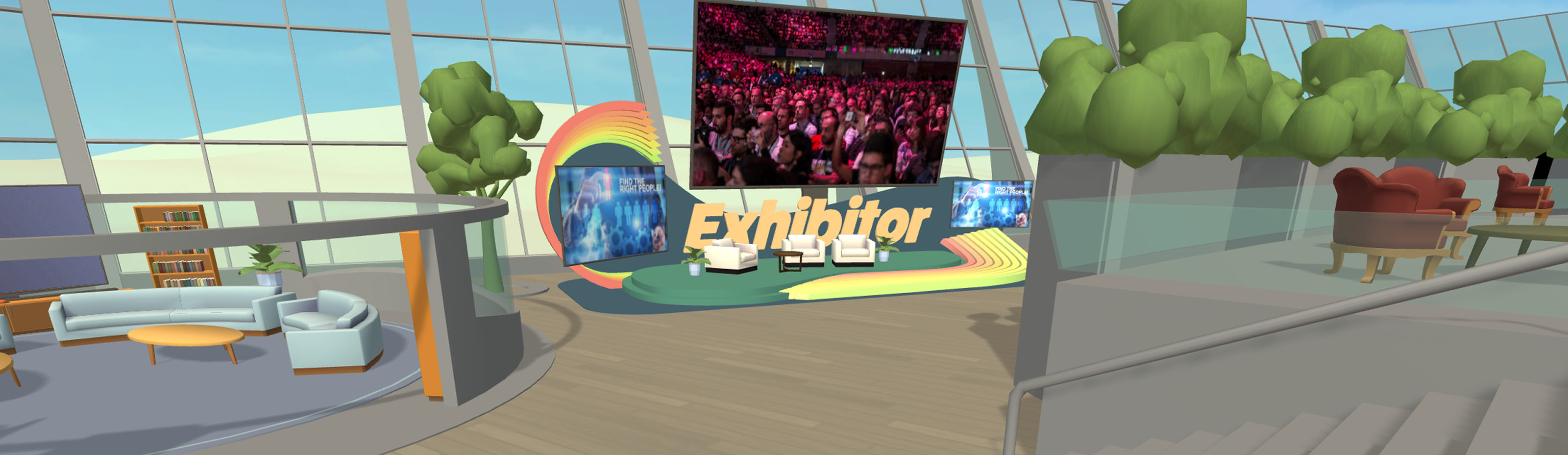 A large Ronday event space with a glass atrium, an exhibitor stage, a video wall showing a crowd, and seating along a curved balcony.