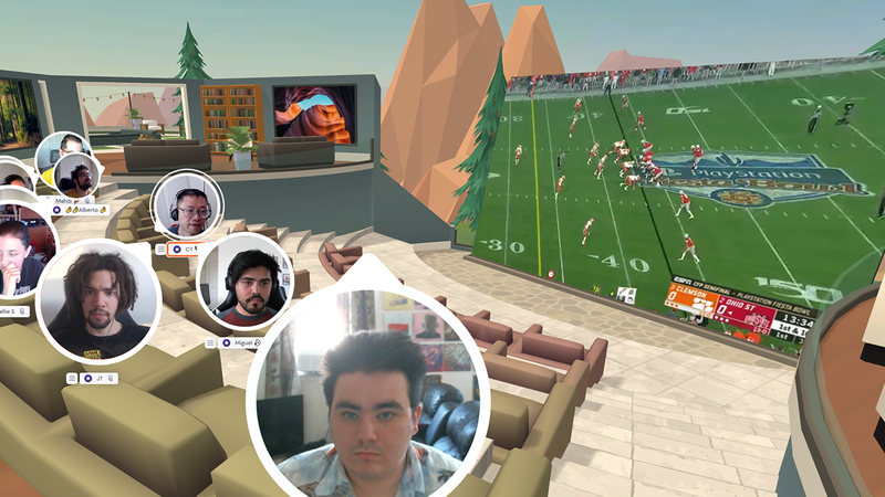 People on couches watching a football game on a large screen in a Ronday lounge.