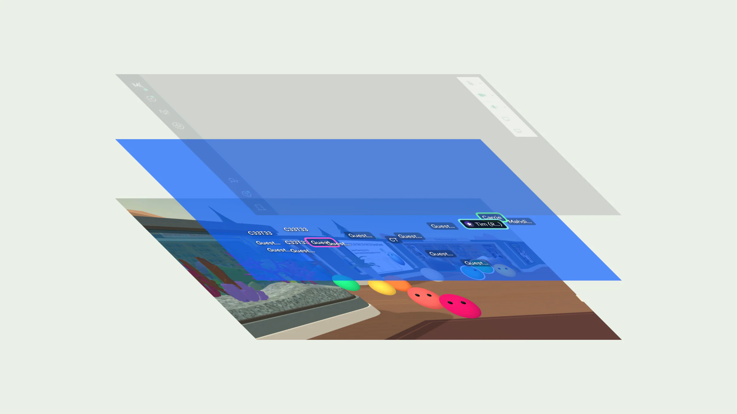 Three stacked, translucent planes: a React UI layer above a WebGL canvas of nameplates, above the Unity 3D world and its Orbatars.